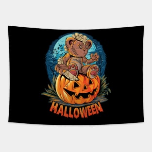 Cute halloween teddy bear with a knife sitting on Tapestry