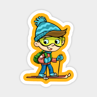 boy in winter gear on skis and a backpack on his back Magnet