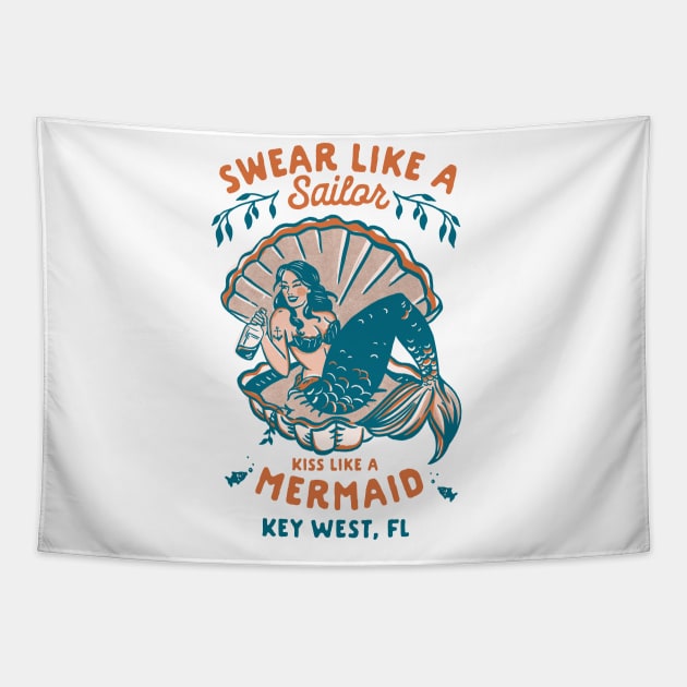 Key West, Florida Funny Sailor Mermaid Tattoo Art Tapestry by The Whiskey Ginger