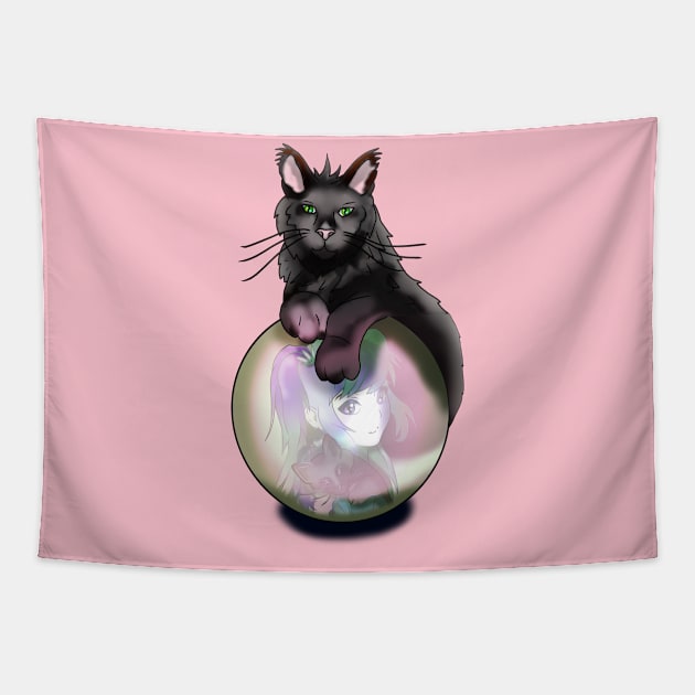 Black witch cat with a pink glow crystal ball Tapestry by cuisinecat