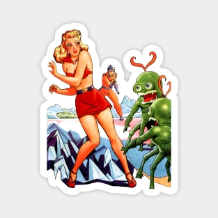 Retro Girl Pin Up Vintage Aliens Space Green Extraterrestrial Planet Rocket Spaceship Startling Comics Old Cartoon Blonde Woman Magnet