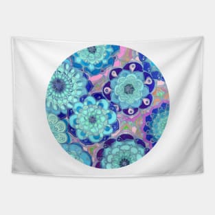 Radiant Cyan & Purple Stained Glass Floral Mandalas Tapestry