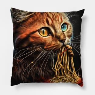Painting of a Ginger Cat Eating Spaghetti Pillow