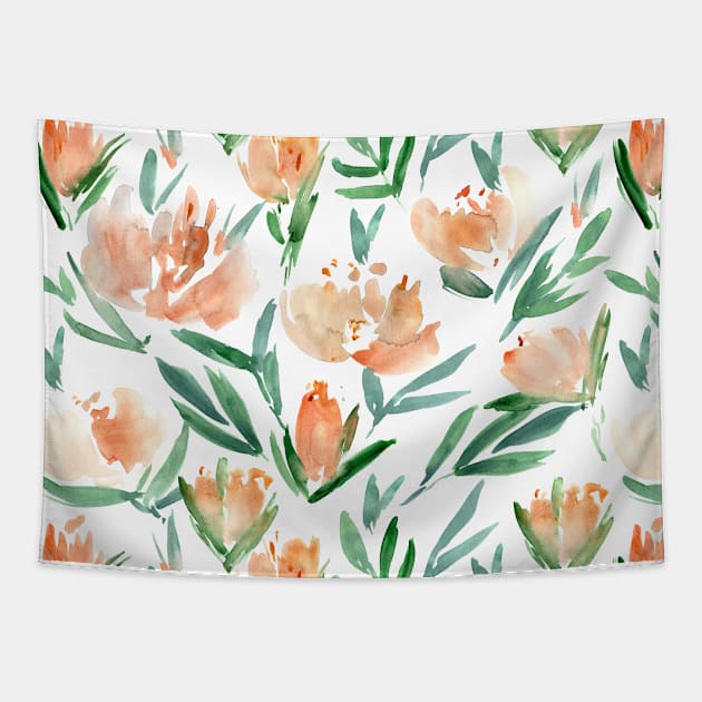 Apricot peonies bloom - watercolor flowers Tapestry by katerinaizotova