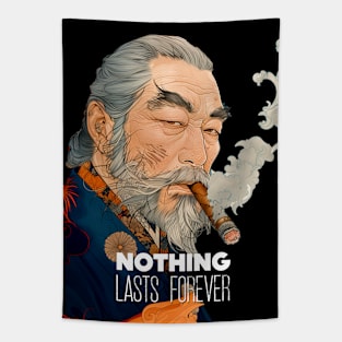 Puff Sumo: Nothing Lasts Forever, "世間は移り変わり" (Seken wa Utsurikawari) on a dark (Knocked Out) background Tapestry
