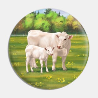 Charolais Cow and Cute Calf in Summer Pasture Pin