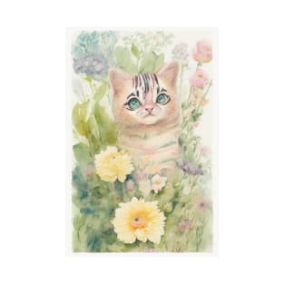 Striped Cat in the Flower Garden Soft Pastel Colors T-Shirt
