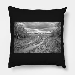 Waterlogged and boggy entrance to an arable field in the English countryside Pillow