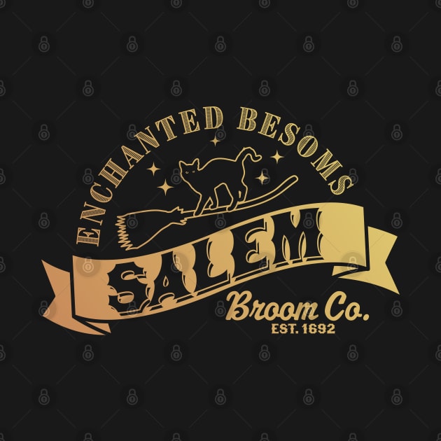 Salem Broom Company Est 1692 Halloween Witch Black Cat by OrangeMonkeyArt