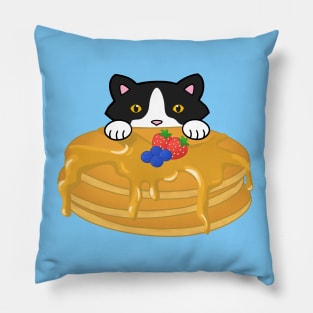 Cute Tuxedo Cat Eating Pancakes Pillow