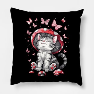 Mushroom Cat With Butterflies Pillow