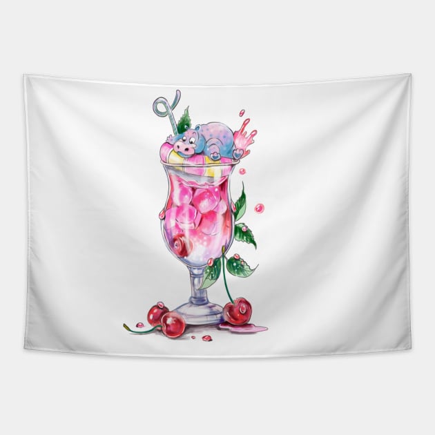 Cute Hippo and Fruit Cocktail Tapestry by KimLeex