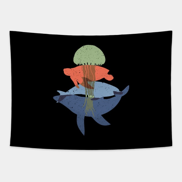 Whale and their friends dolphin turtle and jellyfish Tapestry by 397House