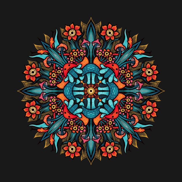 Trippy colorful psychedelic mushrooms flowers mandala by Boriana Giormova