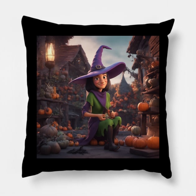 Child in Halloween Costume with Pumpkin and Witch Hat Pillow by tearbytea