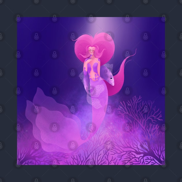 Beautiful pink mermaid with cute purple fish, version 2 by iulistration