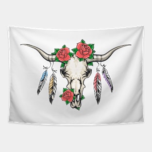 Bull Skull with Feathers and Flowers Tapestry