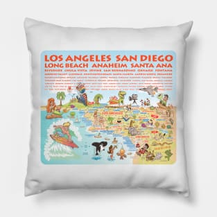 Cartoon Map of Southern California with List of Cities Pillow