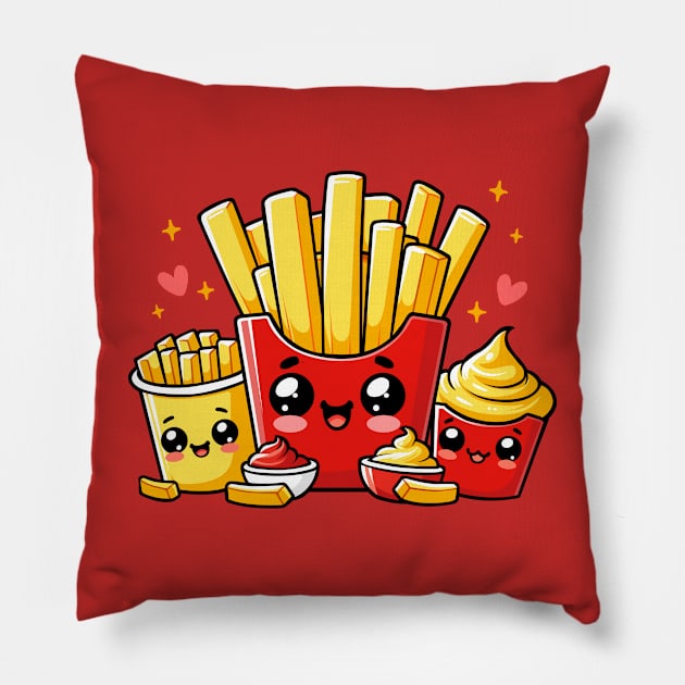 Cute French Fries with Ketchup and Mayonnaise Pillow by Arief Uchiha
