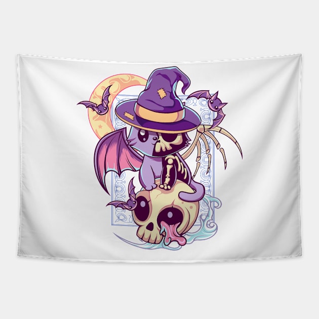 Skull Cat Kawaii Gothic Tapestry by DionArts