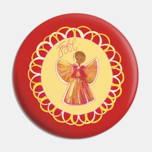 Scandinavian straw angel in wreath of pink and yellow with Joyful phrase Pin