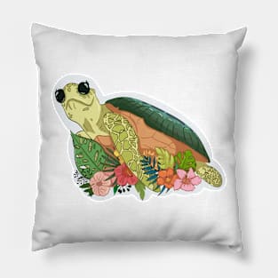 Cartoon turtle With Grass And Flowers, Tortoise Lovers Pillow