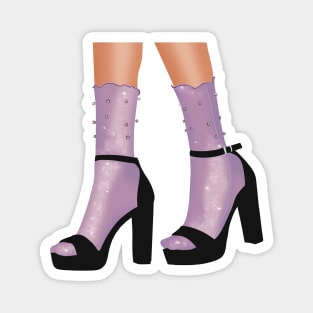 Black strappy platform heel with purple socks that are adorned with pearls and diamanté's Magnet