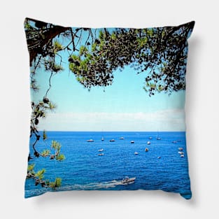 View in Positano with large and small boats skimming the Tyrrhenian Sea Pillow