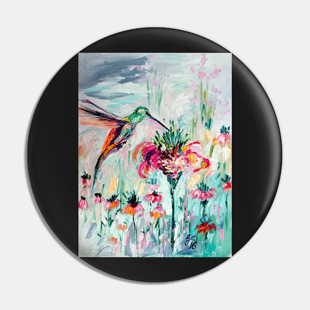 Hummingbird on Bee Balm Pin by GinetteArt