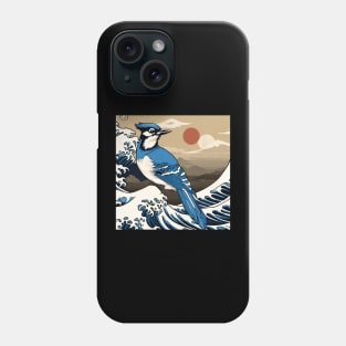 Vintage Blue Jay Bird in Sunset with The Great Wave Bird Watching Dad Phone Case