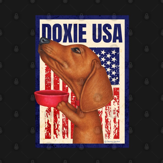 Doxie red white and blue patriot Dachshund with Red Bowl USA by Danny Gordon Art