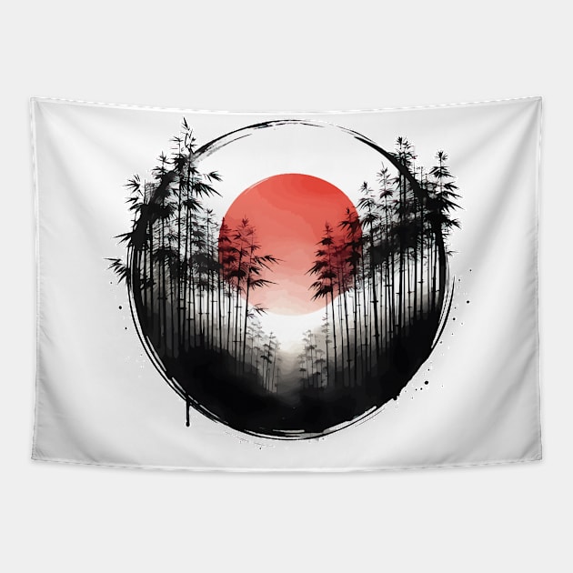 Bamboo Forest Sumie Enso Circle Tapestry by TomFrontierArt