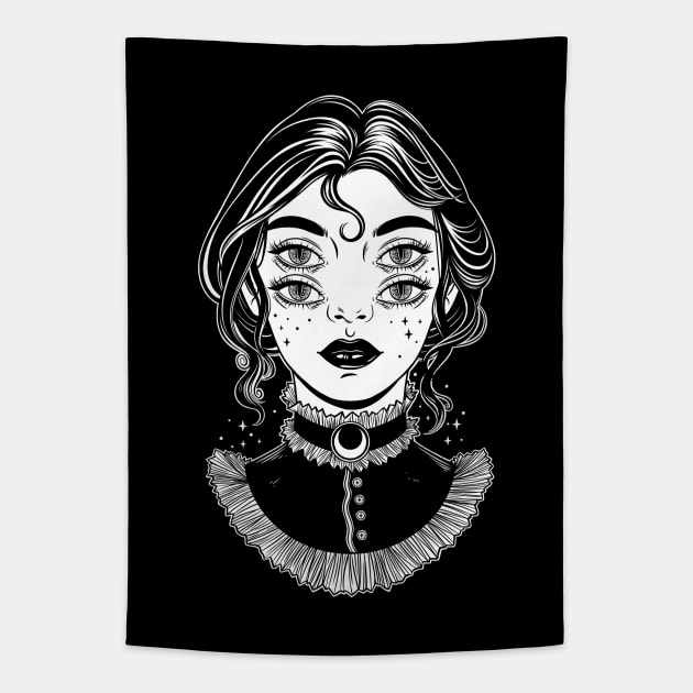 Cute victorian witch with four eyes Tapestry by OccultOmaStore