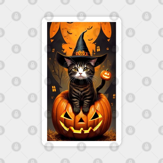 Cute Cat With Halloween Theme Magnet by SanTees