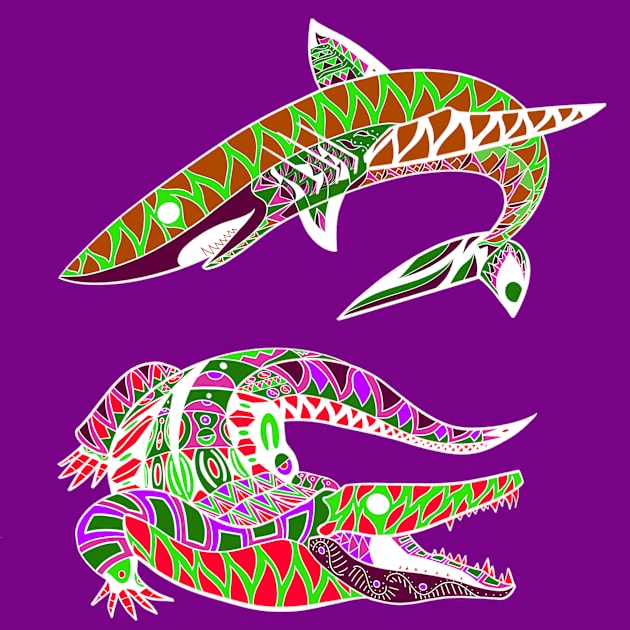 the shark and the crocodile ecopop pattern in the wild Kids T-Shirt by jorge_lebeau