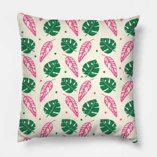 Bold Pink and Green Tropical Leaves Pattern Monstera plant Pillow