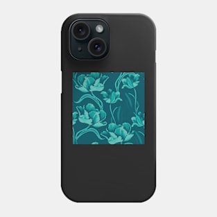 Fantastic turquoise tulips in a flowing pattern on a petrolblue background Phone Case