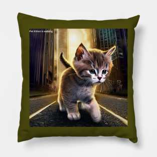 Pet Kitten is walking in a road under the skyscrapers urban environments Pillow