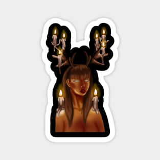 Mysterious fantasy woman with white eyes, illuminated by candlelight in the dark, adorned with majestic reindeer antlers Magnet