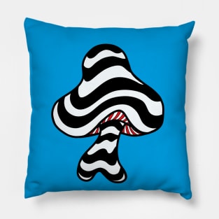 The Perfect Magic Mushroom: Trippy Wavy Black and White Stripes Contour Lines on blue with Red Underbelly. Pillow