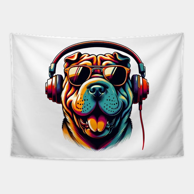 Grinning Chinese Shar-Pei as a Stylish Smiling DJ Tapestry by ArtRUs