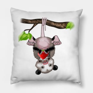 Cute possum eats strawberry Pillow