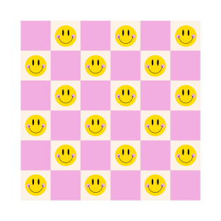 Smiley Pastel Checkered Pattern in Pink T-Shirt