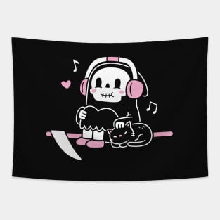 Cute Grim Reaper Taking A Break With Cat Funny Tapestry