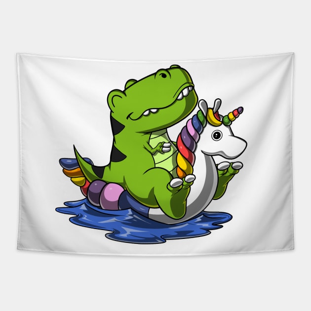 T-Rex Dinosaur Riding Unicorn Float Tapestry by underheaven