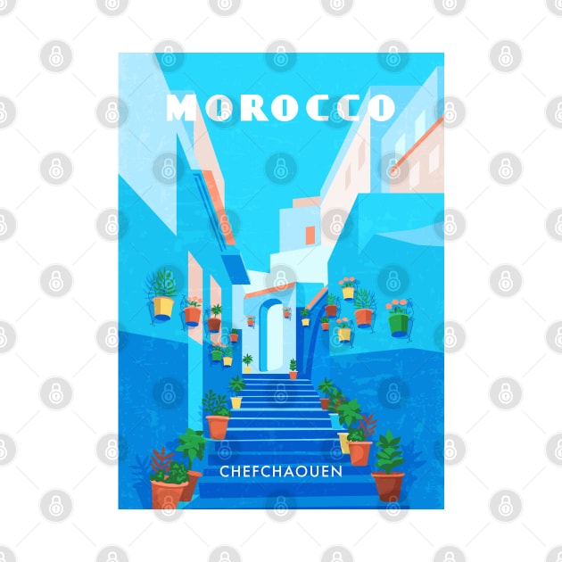 Morocco, Chefchaouen - Retro travel minimalistic poster by GreekTavern