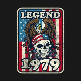 1979 Birthday Legend Bald Eagle Skull USA Flag T-Shirt