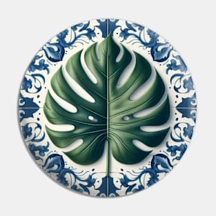 Classic Delft Tile With Monstera Leaf No.3 Pin