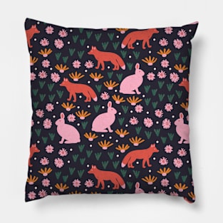 Fox And Hare (Papaya & Navy) Pillow