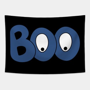 BOO text art blue bubble letters with cartoon eyes Tapestry